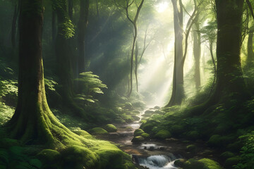 Realistic and Beautiful Forest view with Sunlight