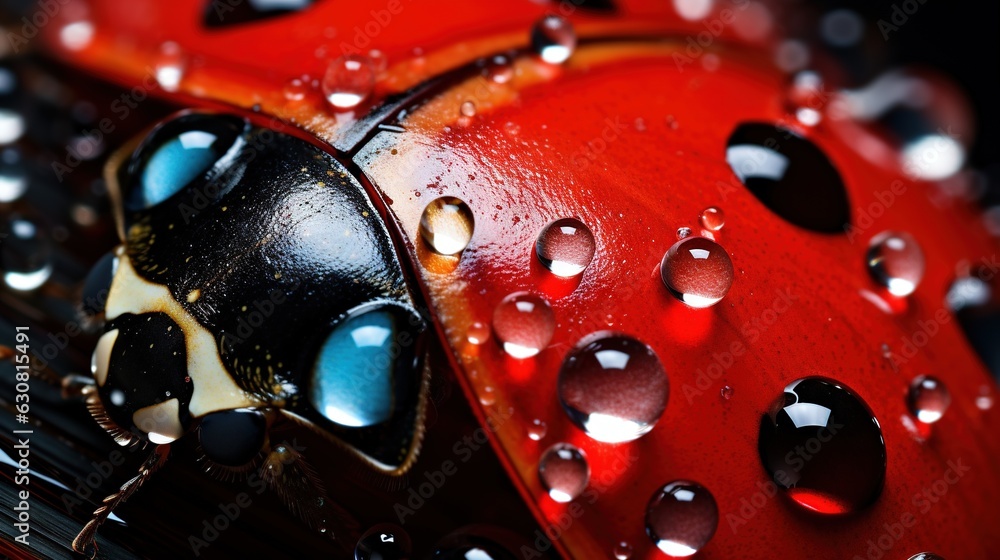 Poster a close up of a lady bug with water droplets on it. generative ai