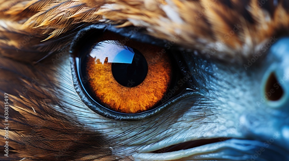Poster a close up of a bird's eye with a building in the background. generative ai