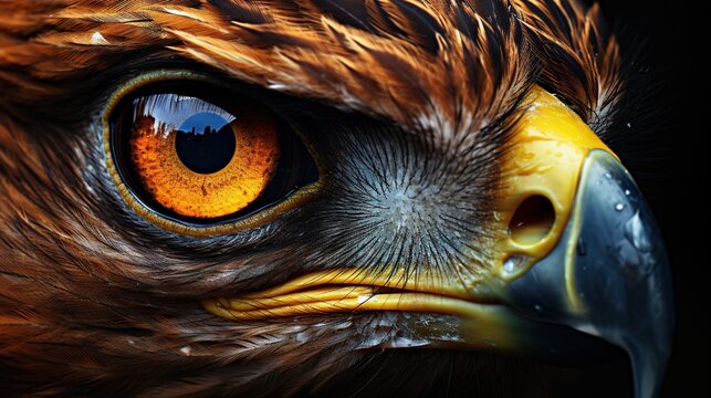  a close up of an eagle's eye with a black background.  generative ai