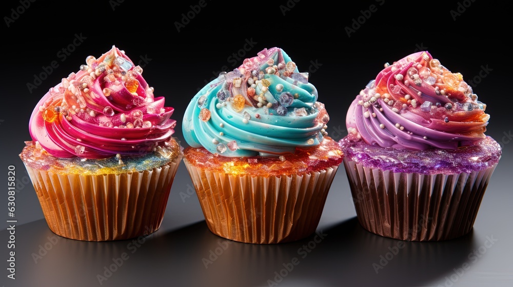 Poster three cupcakes with different colored frosting on them. generative ai