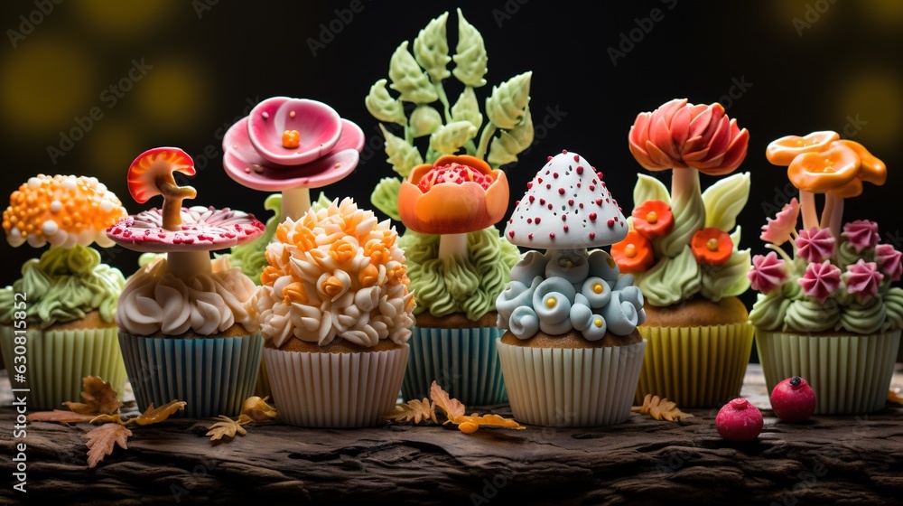 Poster a group of cupcakes that are sitting on a table. generative ai