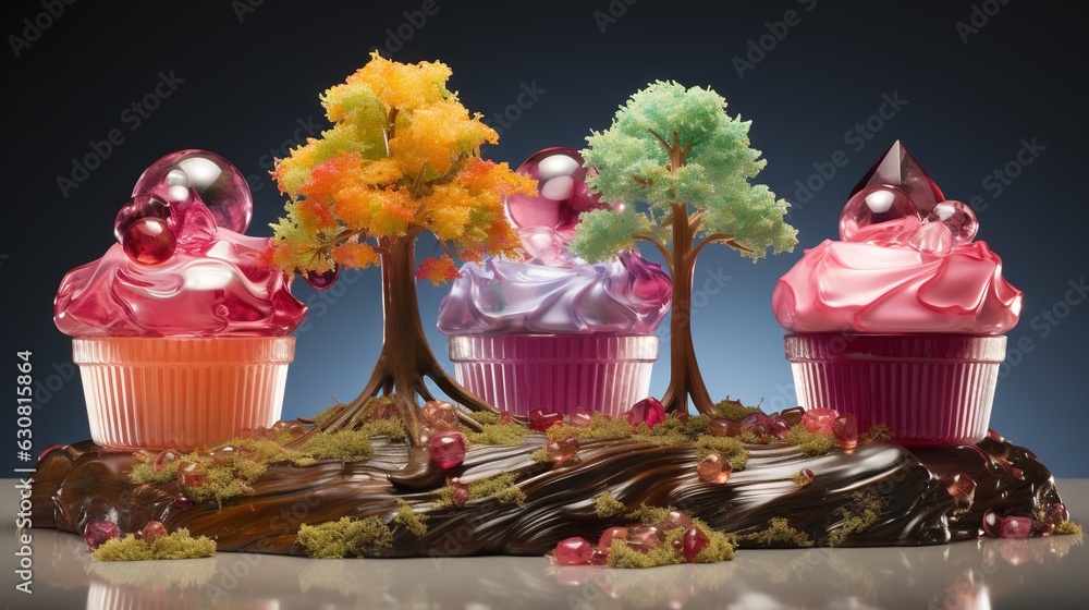 Poster a group of three cupcakes sitting on top of a table. generative ai