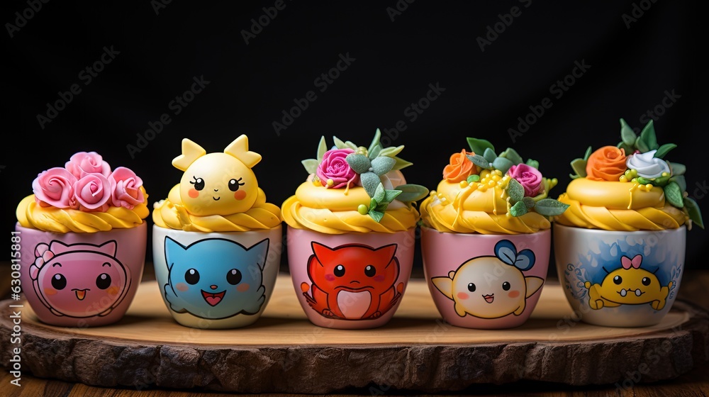 Poster a group of cupcakes with different designs on them. generative ai