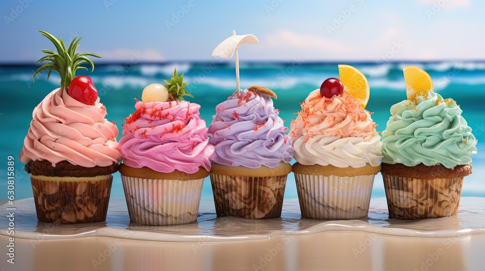 Poster a row of cupcakes sitting on top of a table. generative ai