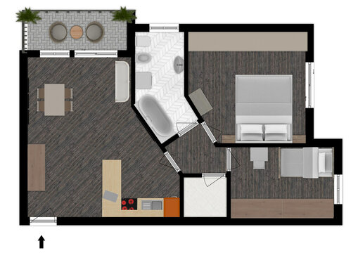 Apartment flat top view. 3d render apartment floor plan.3D Floor plan of a home. Modern home interior.