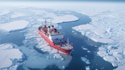 An icebreaker with red hull sails the fairway in the ice of the Arctic Ocean, bird eye view