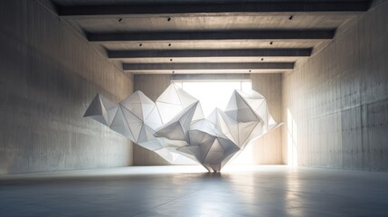 Abstract concrete interior with a huge geometric origami installation, 3d rendering