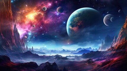 Fantastic space landscape of rocky planet terrain under colorful sky with shiny stars, nebula and other planets, sci-fi illustration background