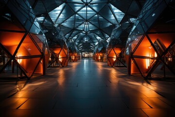 Abstract futuristic architecture background, night view of an empty tunnel made of glass in steel frame, perspective view