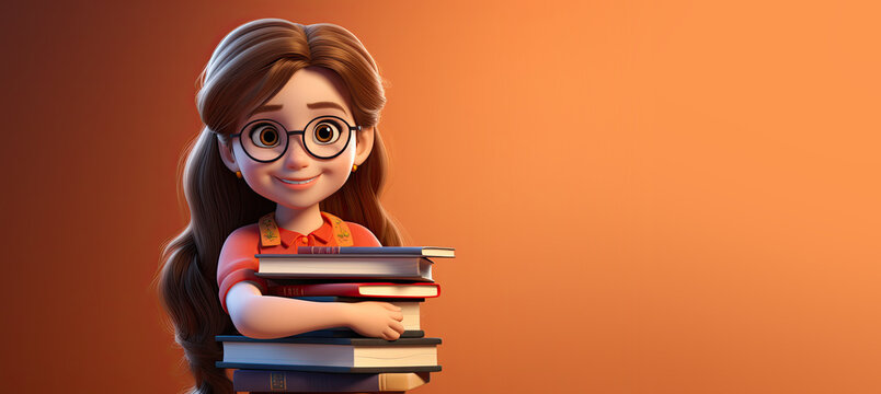 Cute Cartoon Girl Holding Books and Going Back to School on a Orange Banner with Space for Copy