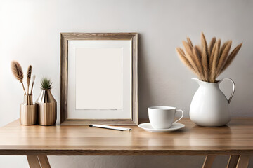 Empty Wooden Picture Frame Mockup in Modern Home Office Interior, room with floor