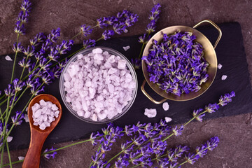 Lavender bath salt with fresh lavender flowers. Flat lay.	