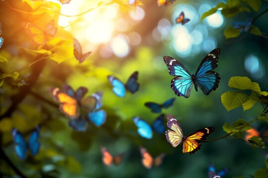 Fototapeta Butterflies in the garden greenhouse. Tropical insects.
