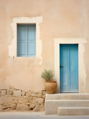 Fototapeta na wymiar Idyllic Front View of Vintage Blue and Beige Wall, Window and Stairs. Turkish Blue Stucco with crumbling walls. Old Door in Mediterranean Village. 