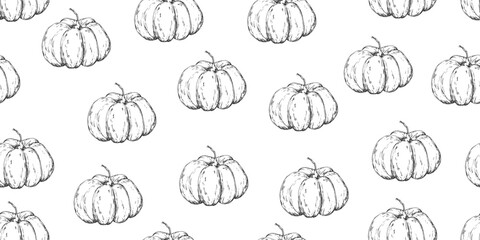 Seamless pattern with pumpkin. Black and white sketch style pumpkin. Background with engraving style vegetables.