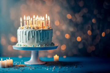 Torta di compleanno con candeline arancioni, gialle e rosa su sfondo blu