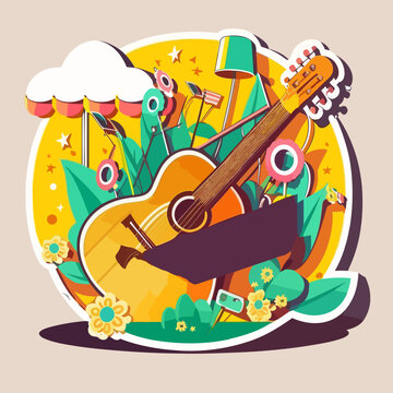 Guitar musical instrument. Poster for a summer live music festival or jazz party. Summer concerts. Cartoon vector illustration. © trompinex