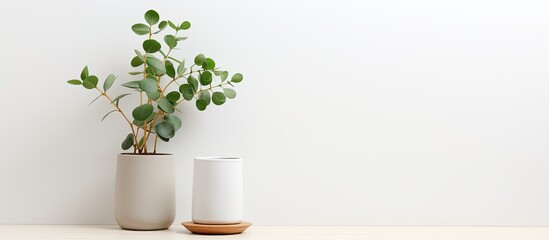 A white background showcases a minimalist interior decor featuring a wooden stand holding a vase with eucalyptus and a mug. The use of eco-materials adds to the overall aesthetic. blank space