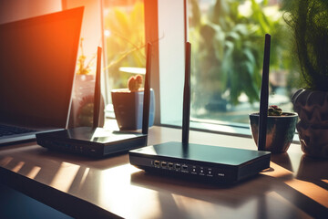 a modern wireless router and Laptop computers on living room at home - obrazy, fototapety, plakaty