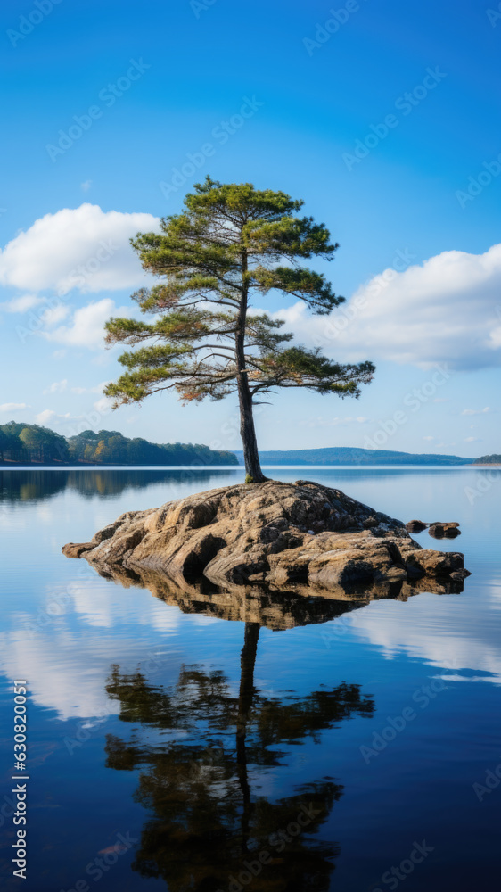 Poster a lone tree sitting on top of a rock in the middle of a lake. digital image.
