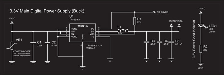Main digital power supply (buck). Schematic diagram of electronic device. Vector drawing electrical circuit with inductor, led indicator, varistor, capacitor, resistor, ground and power symbols.