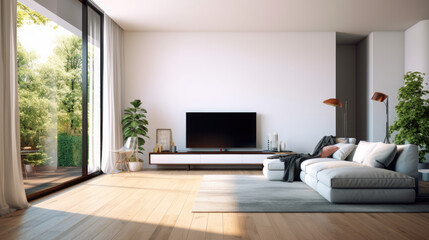 A living room with a couch and a television. Digital image.