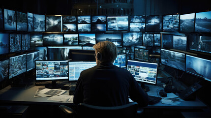 Man in monitoring security cameras on screens