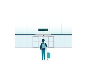 Back view of a man standing in front of the departures entrance door of the airport with a suitcase and a bag. Transport. Flat style colorful vector illustration.