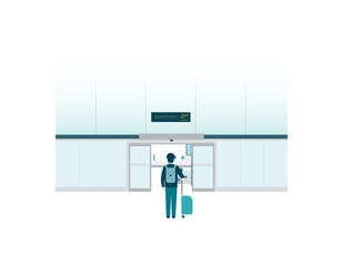 Fototapeta premium Rear, back view of a man in front of the departures open door, gate of a modern airport with his trolley, suitcase and a bag. Transportation. People holidays. Colorful flat style vector illustration.