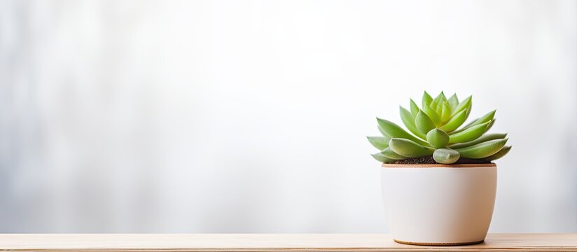A small succulent plant in a pot on a white wooden desk, with a little plant and leaf on a table. copy space and nobody in the picture. also a tree in a pot for decoration in a home, with a textured