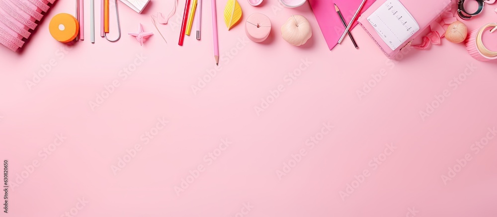 Poster school supplies arranged on a pink background. creative flat lay for back to school with empty space