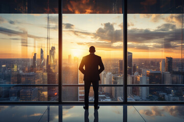 Person standing in front of a large glass window, looking out at the city skyline, representing the idea of of clear vision and a long-term perspective in achieving business success.