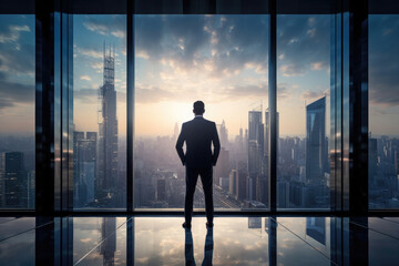 Fototapeta na wymiar Person standing in front of a large glass window, looking out at the city skyline, representing the idea of of clear vision and a long-term perspective in achieving business success.