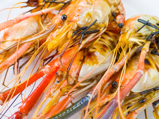 Closeup of the grilled giant freshwater prawn.