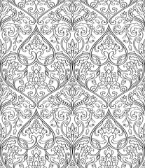 Vector damask seamless pattern. Black and white floral background. Medieval ornament with stylized elements. Contour template for wallpaper, textile, curtain, carpet.