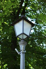 A metal lantern in the park among the greenery