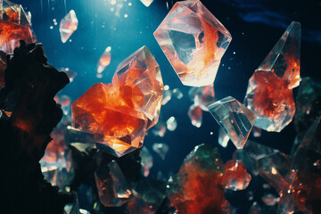 A surreal image of orange and red crystals of different shapes and sizes, illuminated from within, suspended in the air against a dark blue background with white dots. 