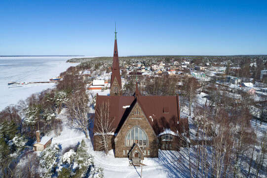 Top view of the Church of Mary Magdalene on a winter day. Primorsk, Russia