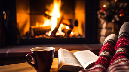 Warming and relaxing near a cozy fireplace. Feet in wooly socks, cup of coffee and a book by the fire. Concept of winter and Christmas. Shallow field of view.  - obrazy, fototapety, plakaty