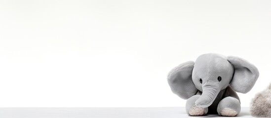 A Soft Toy Elephant is sitting down alone on a white background with empty space for text.