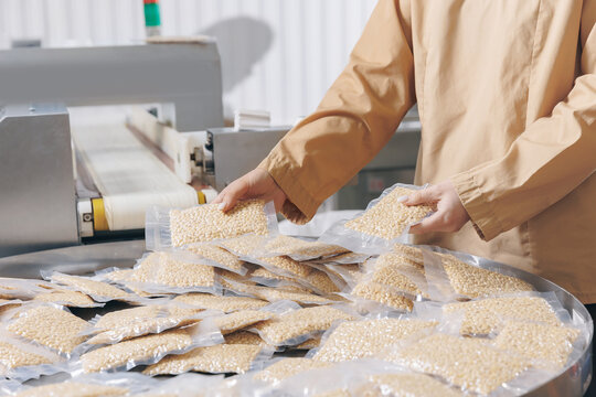 Young woman production worker stands behind automatic conveyor belt for transporting vacuum packed cedar nuts. Concept food industry plant