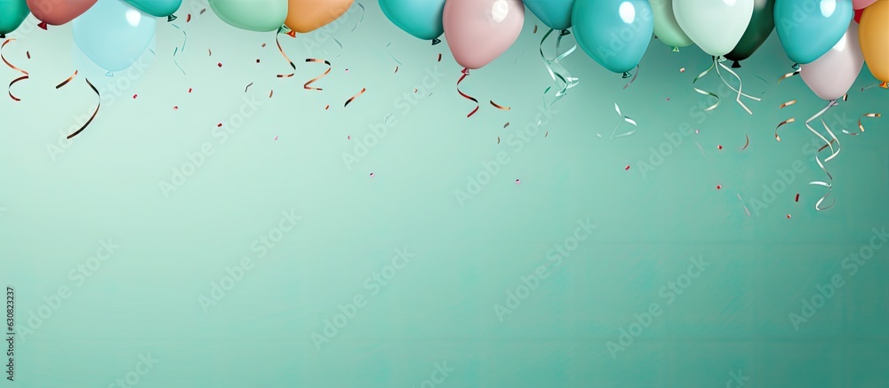 Poster a background image that features birthday balloons, confetti, and ribbons on a pastel green backgrou