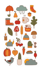 Collection of colored beautiful autumn items isolated on white background. Hand drawn. Vector illustration