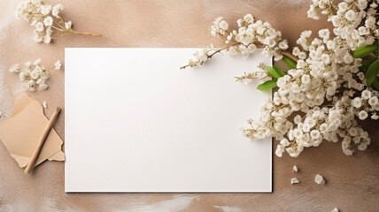 Spring blooming flowers with a free mockup space postcard on a table decorated with herbal bouquets, blooming 8 much, Mother's Day greeting card.
