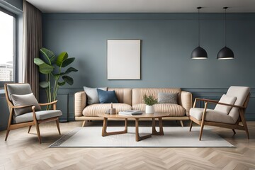 Fototapeta premium Aesthetic composition of living room interior with mock up poster frame, modular sofa, wooden coffee table, vase with dried flowers, pillows, armchair and personal accessories.AI generated