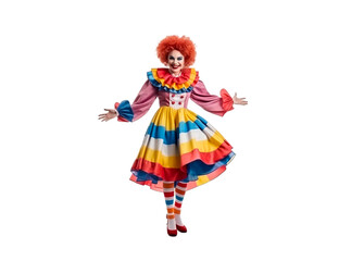 Female Clown from a circus in a colorful and fun costume. Smiling and looking joyful and funny. Isolated on white background.