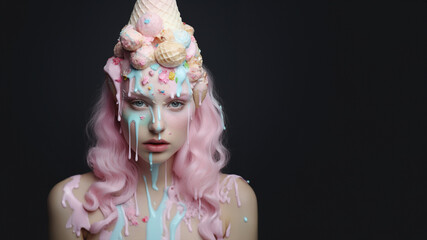 Model Gesicht mit rosa Haaren als Eis Königin und Eiswaffeln in Pastelltönen geschmückt Poster Nahaufnahme, ai generativ