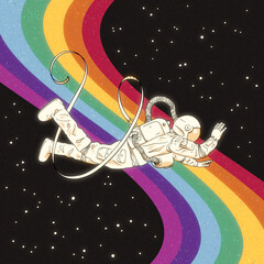 Astronaut in spacesuit. Flying cosmonaut. Abstract rainbow in space - 630824857