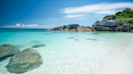 Fototapeta premium A beach with clear sea water and white sand. Generative AI technology.
